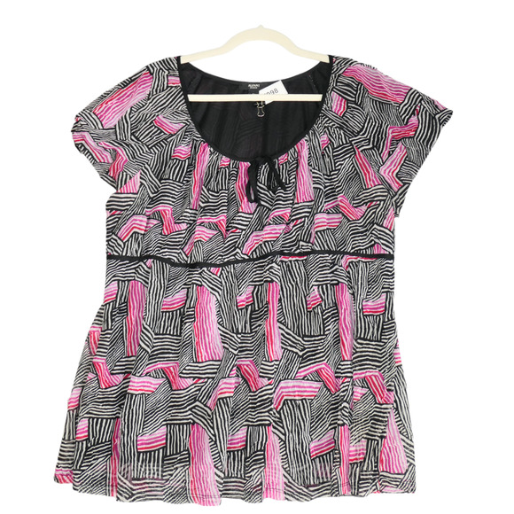 Alfani Baby Doll Blouse Women 2X Pink Black Empire Waist Mesh Lined Short Sleeve - Picture 12 of 12